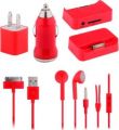 YIKING 5 in 1 Travel Charger Adapter Kit Includes AC Wall Plug Earphones with Microphone Car Charger Data Cable Connector and 3.5mm Audio Splitter / Complete Charger Kit Travel Accessories Replacement Charger Headset Car Charger and Cable -Red