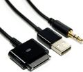 Cosmos &reg; Black 4ft Long iPod / iPhone 2-in-1 Audio and Sync Cable. Apple Dock Connector to 3.5mm Audio AUX (Auxiliary) Connector AND USB Charge/sync Connector + COSMOS cable tie