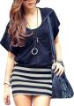 Allegra K Women Zip up Hooded Patchwork Striped Hem Navy Blue Mini Dress S